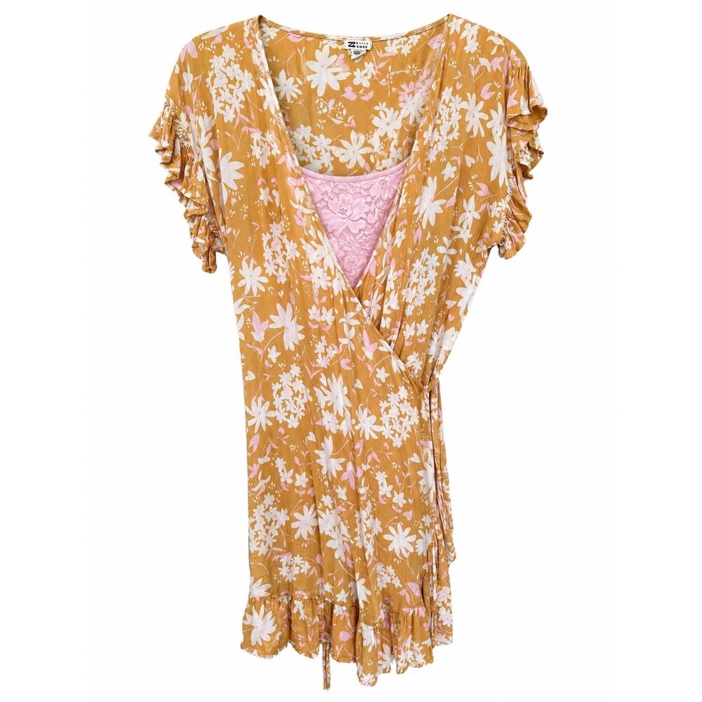 Billabong Floral Wrap Mini Dress Womens Large Boho Cottagecore Coastal Beach Y2K